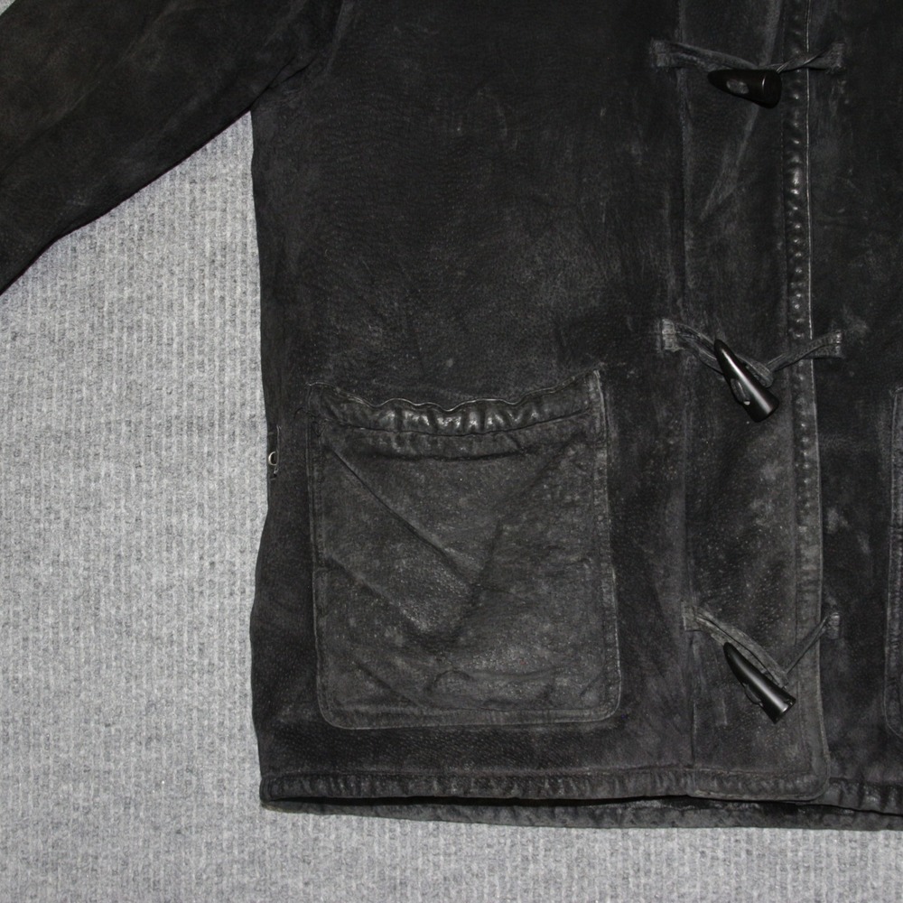 VTG St Johns Bay Black Leather Duffle Coat Hooded Faux Fur Trim Lined Womens L - Picture 3 of 8